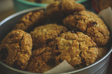 Close-up of fresh cookies in a metal bowl