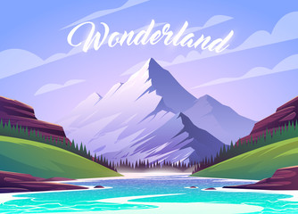 Vector illustration. Exciting view. A great mountain is surrounded river. 1