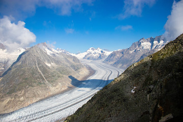 Majestic view over the famous Aletsch glacier, the largest glacier in Alps, UNESCO herritage shot from Bettmeralp, Valais, Switzerland