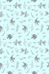 pattern with the image of aquarium fish, corals and algae