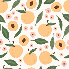 Seamless pattern with peach, flower and leaves.