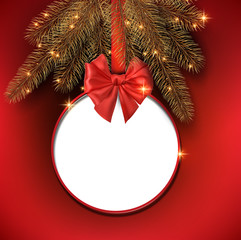Christmas and New Year shiny card with round frame with satin bow and fir branches.