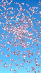 Flying euro banknotes against the sky background. Money is flying in the air. 500 EURO in color. 3D illustration