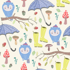 Hand drawn autumn elements. Colored graphic vector seamless pattern