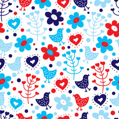 Bright seamless pattern with birds and flowers. Seamless pattern can be used for wallpaper, pattern fills, web page background, surface textures.