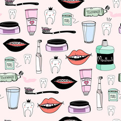 Hand drawn tooth care elements. Colored graphic vector seamless pattern