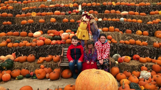 Children celebrating Halloween with a pumpkin display
