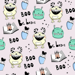 Cute happy cartoon monsters. Colored graphic vector seamless pattern