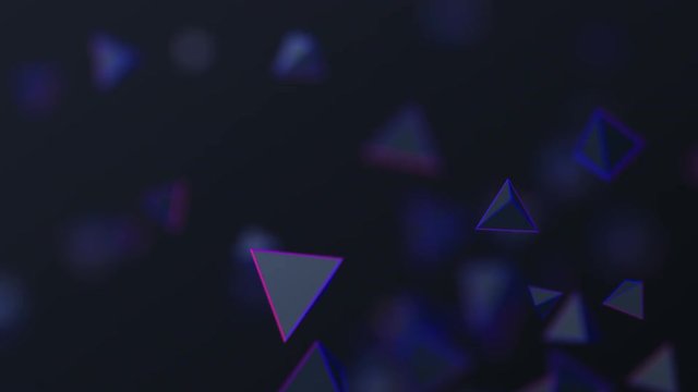 Abstract 3d rendering of flying geometric shapes. Computer generated animation. Modern background with pyramids. Motion design, 4k UHD