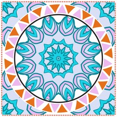 Decorative colorful floral ornament with decorative border. Ethnic mandala decoration. For fashion print, bandanna, tablecloth, neck scarf