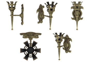 medieval bronze wall torch on an isolated white background, 3d illustration - obrazy, fototapety, plakaty