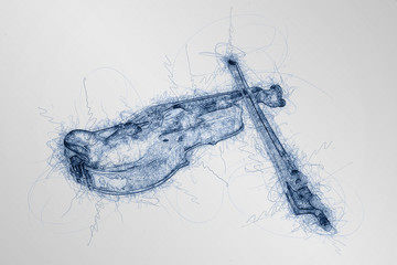 computer generated blue pen sketch of classic violin on white background