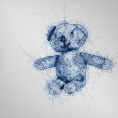 brown teddy bear makes funny acrobatics drawn by hand with blue pen