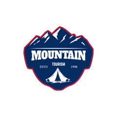 Mountain tourism. Emblem template with rock peak. Design element for logo, label, emblem, sign, poster.