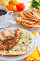 Breakfast with crab stick omelette, toast and coffee, selective focus