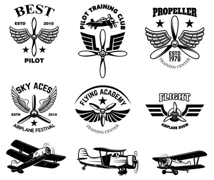 Set of vintage airplane show emblems. Design elements for logo, label, sign, menu.