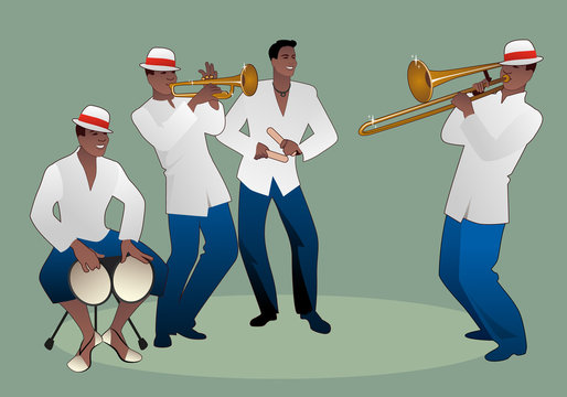 Latin band. Four Latin musicians playing bongos, trumpet, claves and trombone.