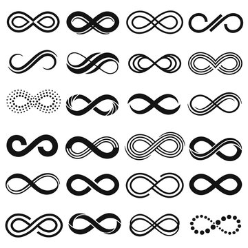 Infinity symbol. Infinit repetition, unlimited contour and endless isolated vector symbols set