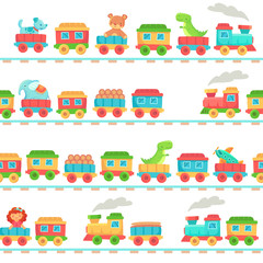 Kids toy train pattern. Children railroad toys, baby trains transport on rails and kid railway seamless vector illustration