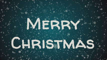 Fototapeta na wymiar Greeting card Merry Christmas, falling snow, white letters, blue background