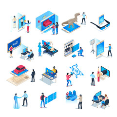 Isometric virtual reality simulations icons. Computer simulation helmet, augmented reality game vector illustration set