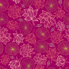  Waterlilies or lotus flowers and leaves seamless pattern background texture in a modern colorful style. Vector. © KaliaZen