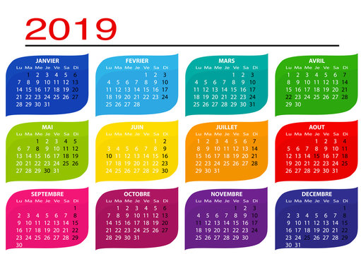 calendrier 2019 multicolore simple