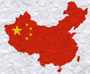old crumpled paper with watercolor painting of China flag and map