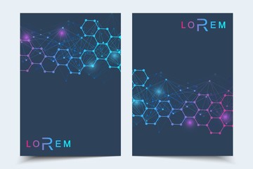 Business templates brochure, magazine, leaflet , flyer, cover, booklet, annual report. Scientific concept for medical, technology, chemistry. Hexagonal molecule structure. Dna, atom, neurons