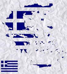 Fototapeta premium old crumpled paper with watercolor painting of Greece flag and map