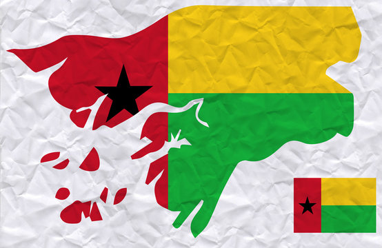 old crumpled paper with watercolor painting of Guinea-Bissau flag and map