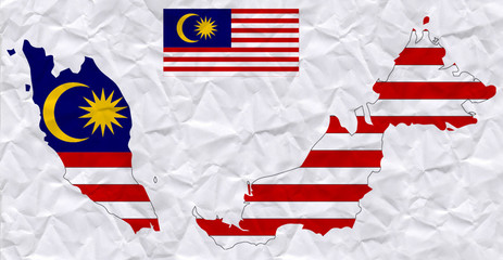 old crumpled paper with watercolor painting of Malaysia flag and map