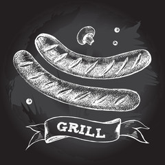 Grilled sausage. Ink hand drawn Vector illustration. Food element for menu design.