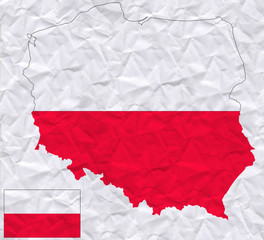 old crumpled paper with watercolor painting of Poland flag and map