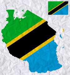 old crumpled paper with watercolor painting of Tanzania flag and map
