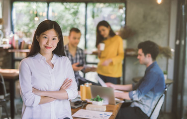 Portrait of asian female creativity working team coworking office ,Smiling of happy beautiful woman in modern office