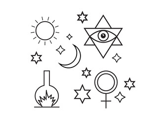Alchemy, spirituality symbols in flat style . Alchemy art vector. Astrology vector set