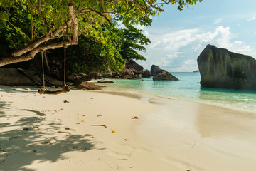A beautiful, empty sandy beach on a tropical island, surrounded by clear, warm ocean