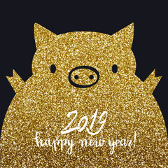 Happy New Year of the pig cute animal gold glitter postcard design, vector illustration