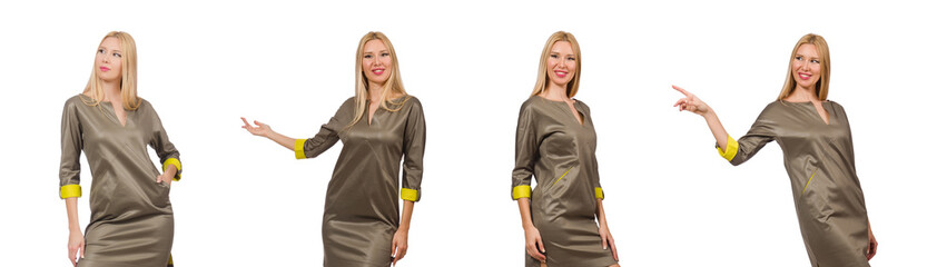 Blondie in gray satin dress isolated on white