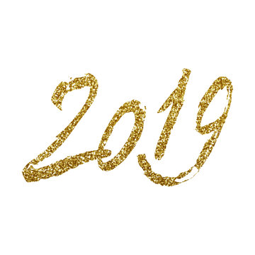 Gold glitter Happy New Year 2019 text design, vector illustration