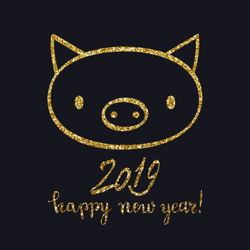 Happy New Year of the pig cute animal gold glitter postcard design, vector illustration