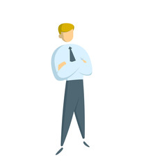 Manager in white shirt standing with his arms crossed. Concept for banners, infographics or landing pages. Flat vector illustration. Isolated on white background.