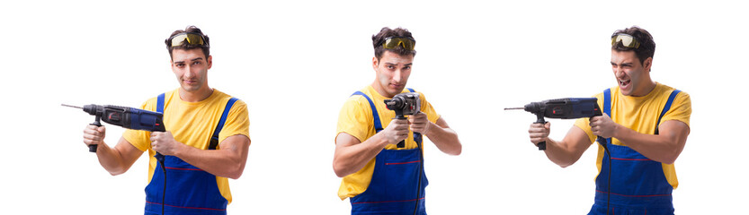 Contractor employee with hand power drill on white background