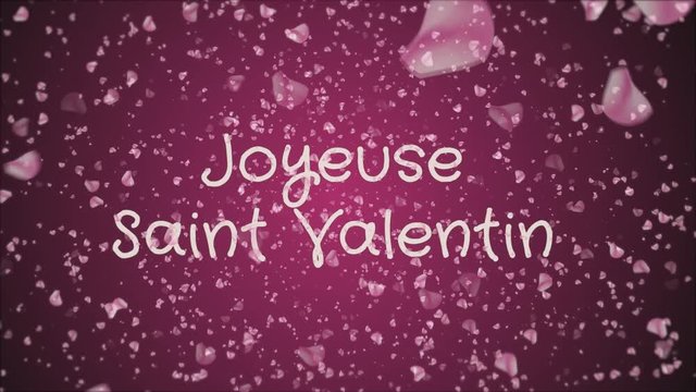 Animation Joyeuse Saint Valentin, Happy Valentine's day in french language, greeting card, falling pink petals, pink background