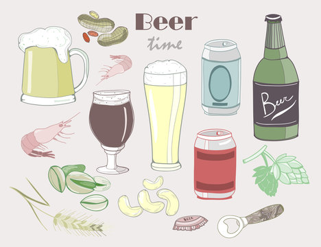 It's beer time! Colored graphic vector set. All elements are isolated