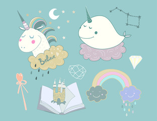 Cute unicorns and magic objects. Colored doodle vector set. All objects are isolated