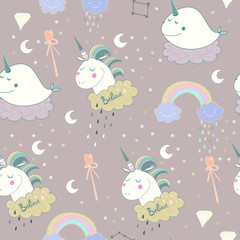 Cute unicorns and magic objects. Colored doodle vector seamless pattern