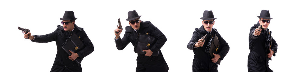 Man spy with handgun isolated on white background