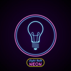 Blue light bulb. Realistic neon icon with inscription "Light bulb Neon" Vector illustration.
